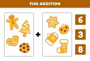 jeu éducatif pour les enfants addition amusante par comptage et choisissez la bonne réponse de feuille de travail d'hiver imprimable de biscuit de dessin animé mignon et de pain d'épice vecteur