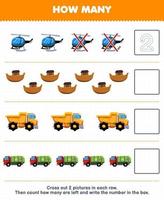 jeu éducatif pour les enfants comptez combien de dessin animé mignon hélicoptère arche camion à benne basculante camion à ordures et écrivez le nombre dans la boîte feuille de travail de transport imprimable vecteur