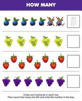 jeu éducatif pour les enfants comptez combien de dessin animé myrtille raisin framboise et écrivez le nombre dans la boîte feuille de travail imprimable sur les fruits vecteur