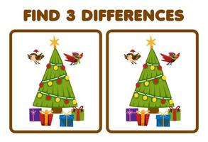 jeu d'éducation pour les enfants trouver trois différences entre deux feuilles de travail imprimables d'arbre de noël de dessin animé mignon vecteur