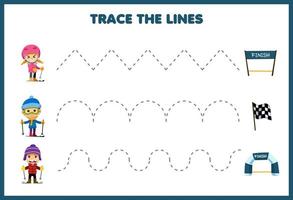 jeu éducatif pour les enfants pratique de l'écriture manuscrite tracer les lignes avec des enfants de dessin animé mignon jouant au ski se déplacer vers la ligne d'arrivée et marquer la feuille de travail d'hiver vecteur