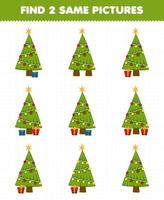 jeu éducatif pour les enfants trouver deux mêmes images de dessin animé mignon sapin de noël feuille de travail imprimable d'hiver vecteur