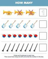 jeu d'éducation pour les enfants compter combien dessin animé trompette guitare basse castanet clarinette et écrire le nombre dans la boîte feuille de travail imprimable d'instrument de musique vecteur