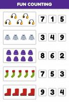 jeu éducatif pour les enfants amusant compter et choisir le bon nombre de dessin animé mignon cache-oreilles à capuche bonnet chaussette botte feuille de travail hiver imprimable vecteur
