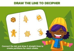 jeu éducatif pour les enfants aidez la fille à tracer les lignes pour séparer les biscuits feuille de travail imprimable d'hiver vecteur