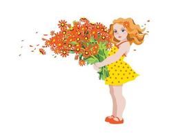 petite fille en robe jaune tenant un énorme bouquet de fleurs. illustration vectorielle. vecteur