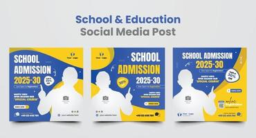 modèle de conception de publication de médias sociaux d'admission à l'école ou combinaison de couleurs bleu et jaune de médias sociaux de retour à l'école conception de bannière web carrée vecteur