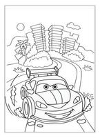 page de coloriage de voiture de dessin animé heureux et drôle pour les enfants amoureux de la voiture vecteur