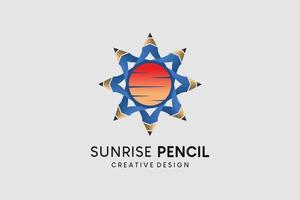 création de logo de crayon avec l'icône du lever du soleil, illustration vectorielle de crayon éducatif vecteur