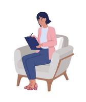 femme avec presse-papiers dans le personnage de vecteur de couleur semi-plat fauteuil. figure modifiable. personne de tout le corps sur blanc. illustration de style dessin animé simple pour la conception graphique et l'animation web