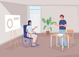 employé handicapé dans l'illustration vectorielle de couleur plate de bureau. l'insertion en milieu de travail. présentation commerciale. personnages de dessins animés simples 2d entièrement modifiables avec salle de conférence en arrière-plan vecteur