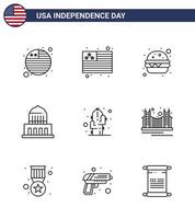 ensemble de 9 icônes de la journée des états-unis symboles américains signes de la fête de l'indépendance pour le pont farine de plantes fleur usa modifiable éléments de conception de vecteur de la journée des états-unis