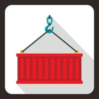crochet de grue soulève l'icône du conteneur rouge, style plat vecteur