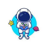 astronaute tenant une plante dans l'espace avec illustration d'icône de vecteur de dessin animé étoile et planète. gens science icône concept isolé vecteur premium. style de dessin animé plat