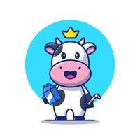 vache mignonne tenant une boîte à lait et une illustration d'icône de vecteur de dessin animé de paille. concept d'icône d'aliments pour animaux isolé vecteur premium. style de dessin animé plat