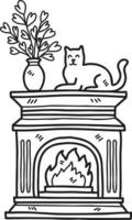 cheminée vintage dessinée à la main avec illustration de chats et de pots de plantes vecteur