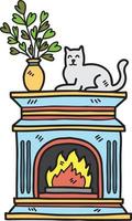 cheminée vintage dessinée à la main avec illustration de chats et de pots de plantes vecteur