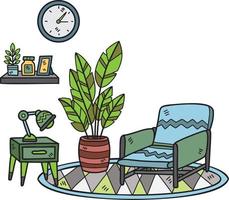 fauteuil dessiné à la main avec des plantes et des étagères illustration de la salle intérieure vecteur