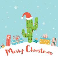 concept de noël alternatif arbre de cactus, cadeaux présents boîtes sur fond bleu clair enneigé cactus drôle mignon dessiné à la main en bonnet de noel. texte joyeux noël. dessin graphique. illustration vectorielle. vecteur