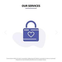 nos services serrure casier coeur coeur hacker coeur serrure solide glyphe icône modèle de carte web vecteur