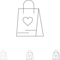 sac cadeau amour shopping jeu d'icônes de ligne noire audacieuse et mince vecteur