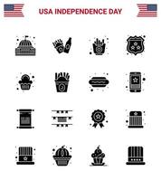 joyeux jour de l'indépendance 16 pack d'icônes de glyphes solides pour le web et l'impression police du parti bouclier rapide américain modifiable usa day vector design elements