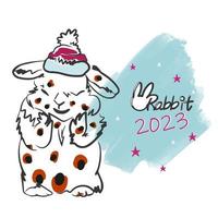 lapin 2023, inscription, année du lapin, lapin mignon dans un chapeau vecteur