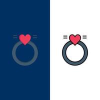anneau mariage amour mariage icônes plat et ligne remplie icône ensemble vecteur fond bleu