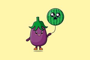 aubergine de dessin animé flottant avec ballon pastèque vecteur