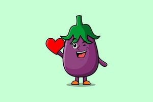 personnage d'aubergine de dessin animé mignon tenir grand coeur rouge vecteur