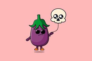 aubergine de dessin animé mignon flottant avec ballon crâne vecteur