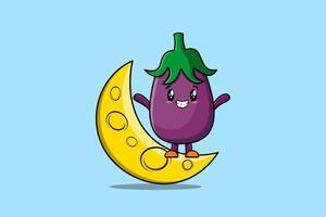 mignon, dessin animé, aubergine, debout, sur, croissant lune vecteur