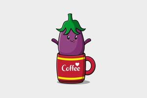 illustration de personnage mignon aubergine dans une tasse de café vecteur