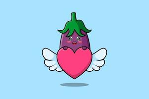 mignon, dessin animé, aubergine, caractère, cacher, coeur vecteur