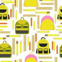 modèle sans couture de sacs à dos scolaires, de règles et de crayons dans les tons jaunes sur fond blanc vecteur