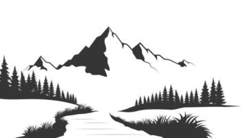 paysage avec des silhouettes de montagnes et de rivière de montagne. fond naturel. illustration vectorielle. illustration vectorielle de montagne noir et blanc de style ancien vecteur