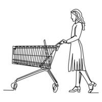 une ligne continue dessinant une jeune femme heureuse poussant un chariot au supermarché vecteur