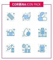 9 pack d'icônes coronavirus bleu covid19 tel que boîte à mouchoirs savon comprimé médecine coronavirus viral 2019nov éléments de conception de vecteur de maladie