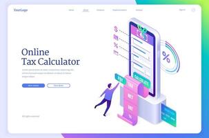 page de destination isométrique du calculateur d'impôt en ligne. vecteur