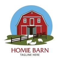 logo de la grange rouge avec vue sur le pic, le ciel bleu et la montagne, parfait pour le logo de la grange et du ranch vecteur