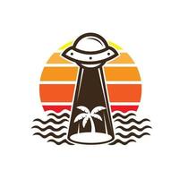 icône de plage coucher de soleil avec palmier et illustration vectorielle ovni, parfaite pour la conception de t-shirt vecteur
