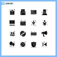 pack de 16 glyphes solides créatifs d'éléments de conception vectoriels modifiables de code de chapeau de thanksgiving vidéo vecteur