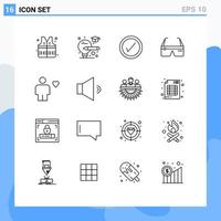 contour de l'interface mobile ensemble de 16 pictogrammes d'éléments de conception vectoriels modifiables de lunettes d'avatar d'utilisateur de corps de coeur vecteur