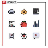 ensemble moderne de 9 pictogrammes de couleurs plates remplies d'éléments de conception vectoriels modifiables de tutoriel d'utilisateur de salle de nourriture de fruits vecteur