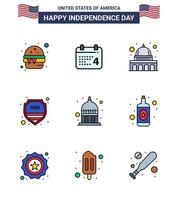 pack de 9 célébrations de la fête de l'indépendance des états-unis signes de lignes remplies à plat et symboles du 4 juillet tels que indianapolis usa capitol sign security modifiable usa day vector design elements