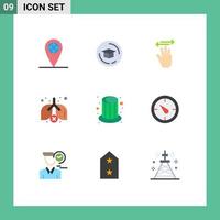 pack de 9 signes et symboles de couleurs plates modernes pour les supports d'impression Web tels que le chapeau de chapeau vers le haut des éléments de conception vectoriels modifiables de la pollution magique vecteur