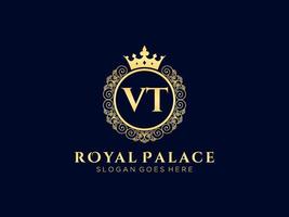lettre vt logo victorien de luxe royal antique avec cadre ornemental. vecteur