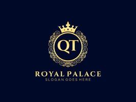 lettre qt logo victorien de luxe royal antique avec cadre ornemental. vecteur