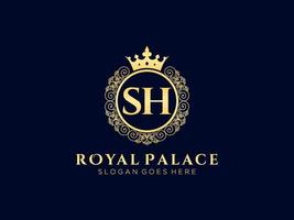 lettre sh logo victorien de luxe royal antique avec cadre ornemental. vecteur