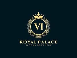 lettre vi logo victorien de luxe royal antique avec cadre ornemental. vecteur